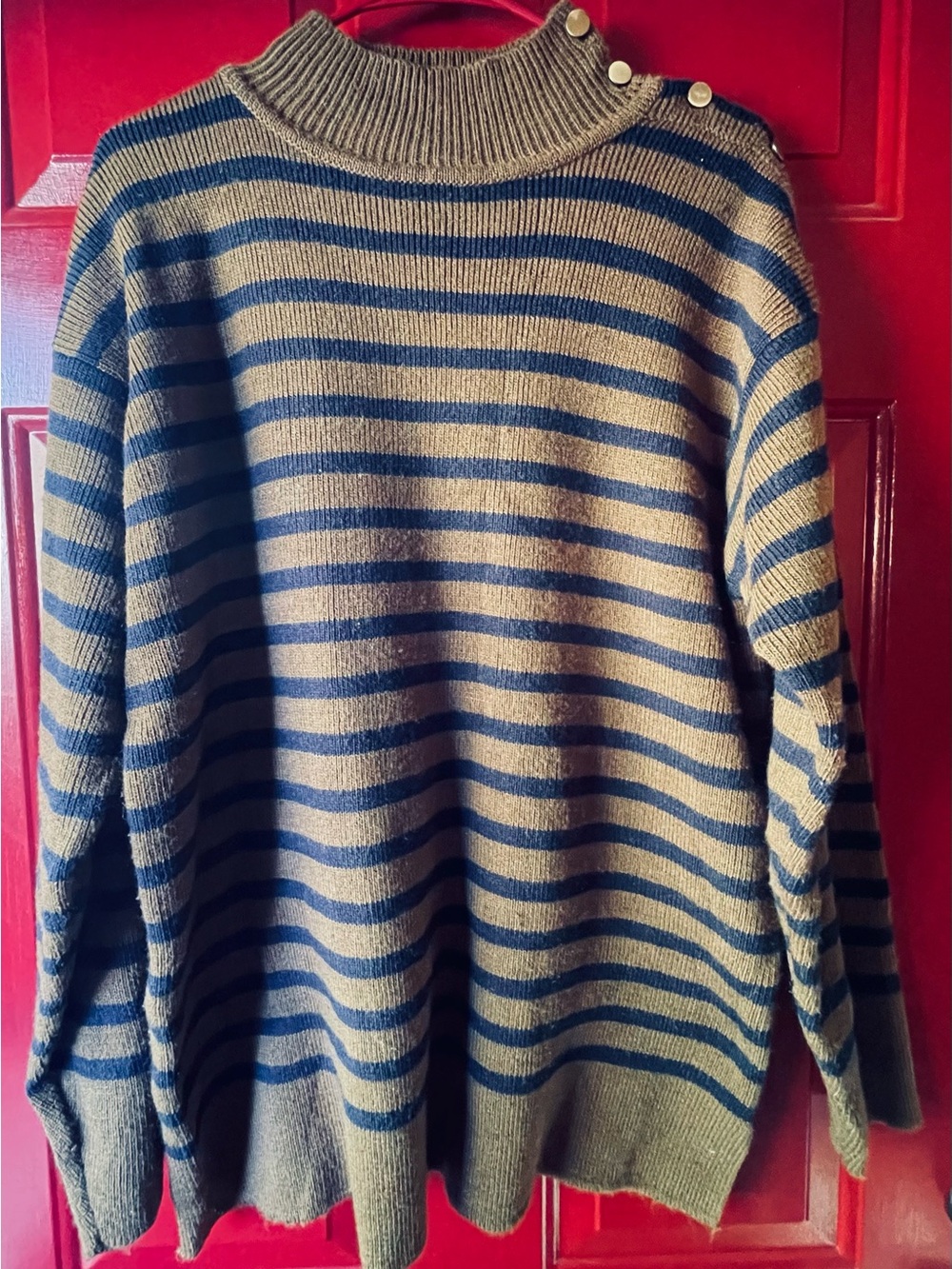 Striped Turtleneck Sweater with Shoulder Buttons - Olive & Navy